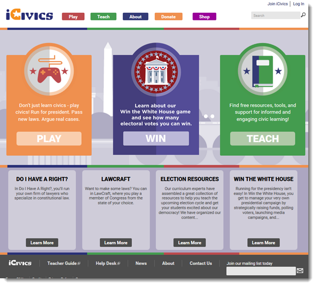 The iCivics homepage.